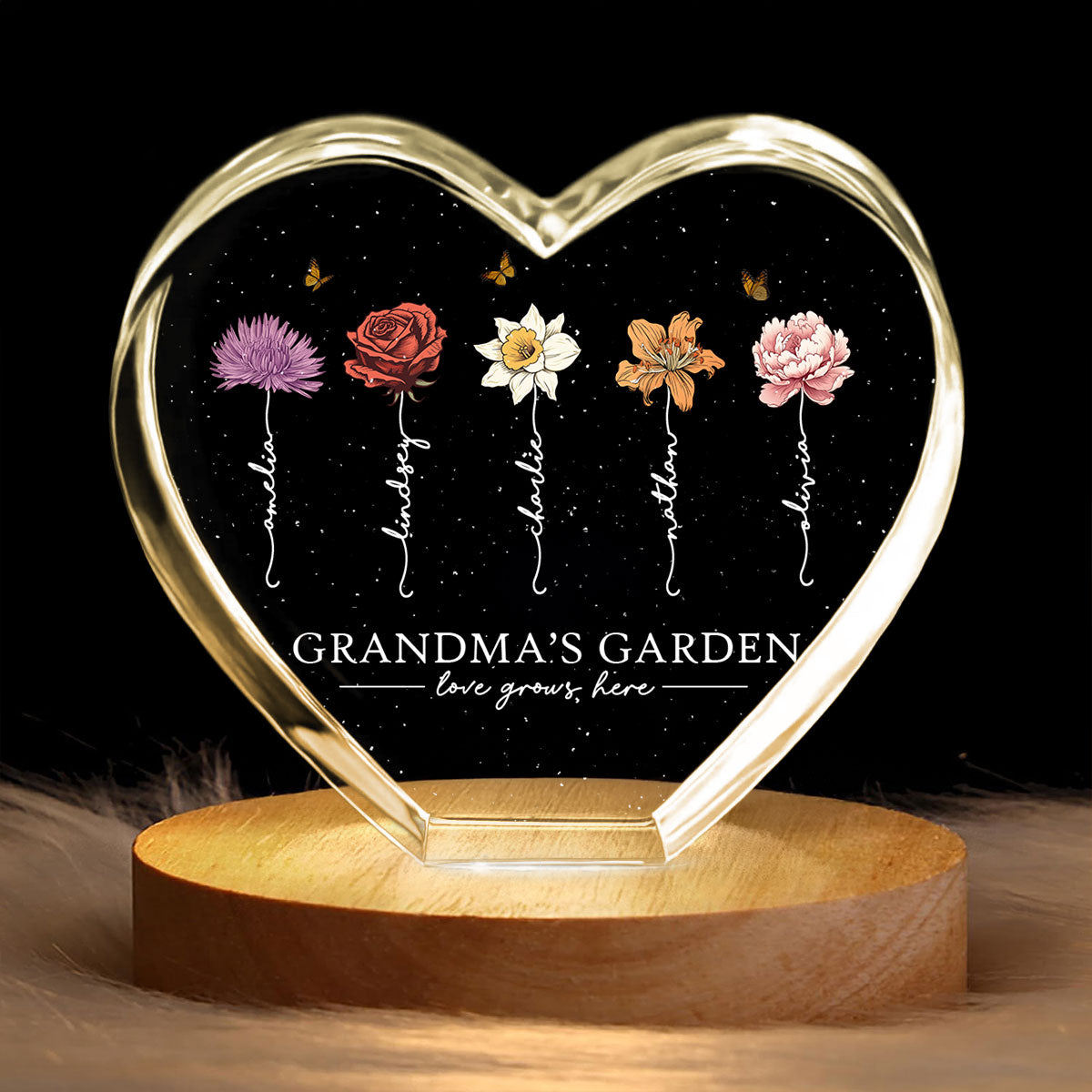 Grandma's Garden Personalized Premium Crystal Heart LED, A Timeless Treasure for Grandma, Free Shipping Included