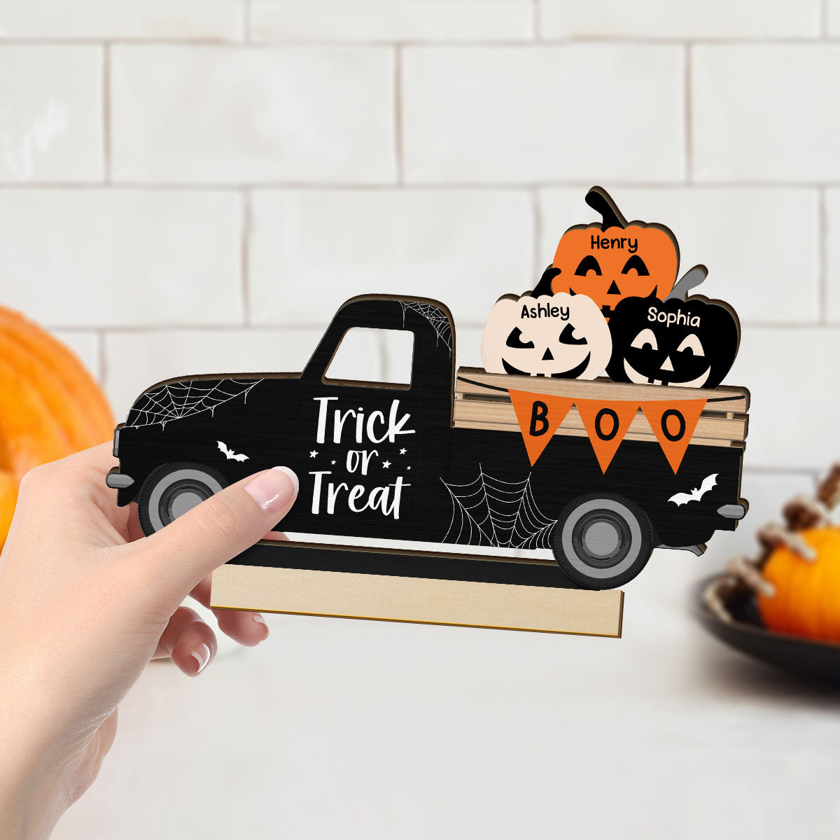 Halloween Pumpkin Truck Trick Or Treat Personalized 2-Layer Standing Wooden Plaque, Halloween Decoration, Tiered Tray Decor