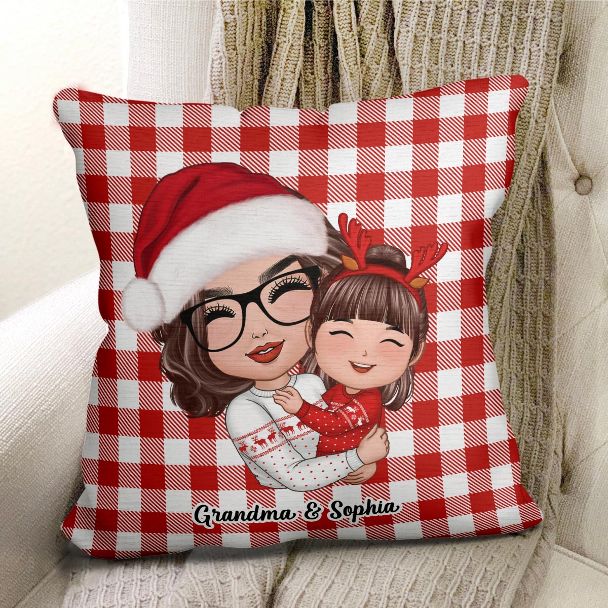Christmas Pattern Doll Grandma Mom Hugging Kid Gift For Granddaughter Grandson Personalized Pillow