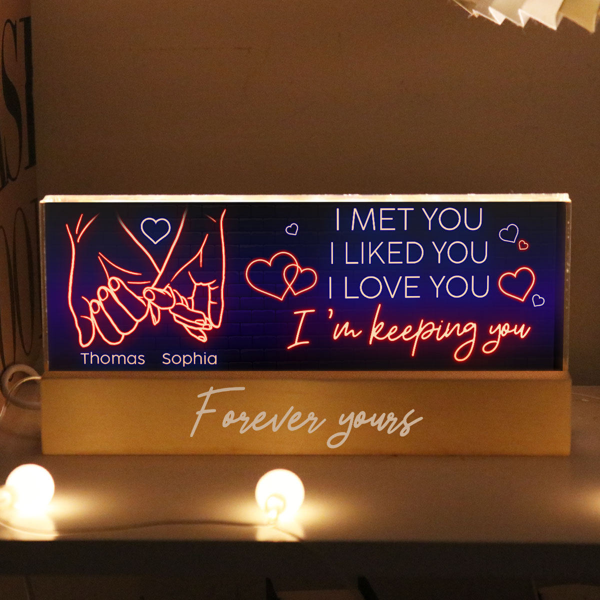 I Love You Forever Yours Couple Hand In Hand Outline Anniversary  Gift Personalized Acrylic Block LED Night Light