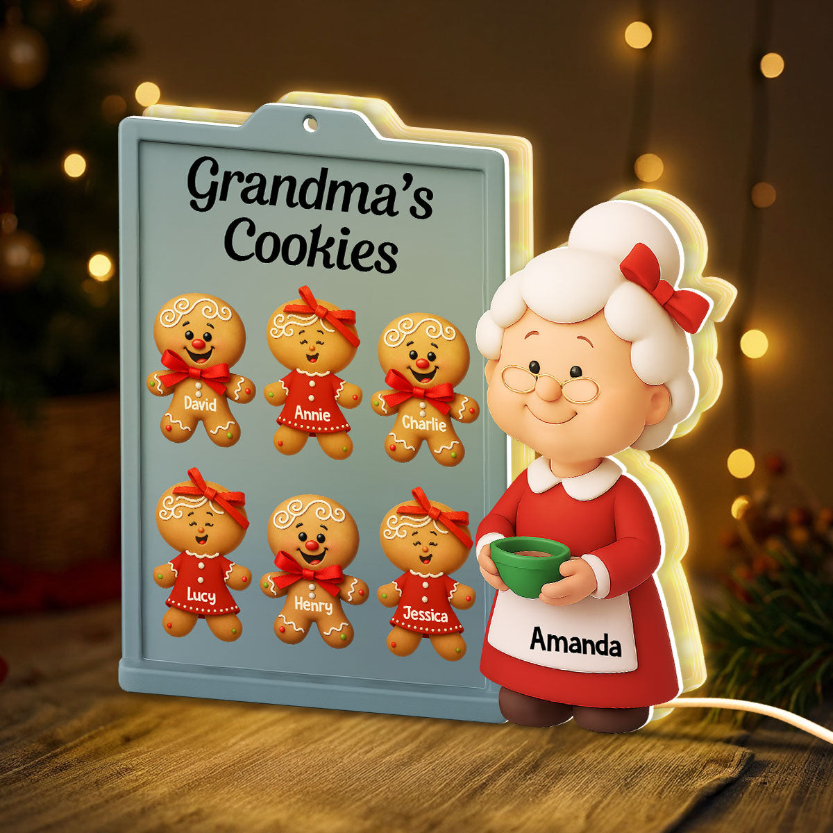 3D Effect Christmas Grandma Cookies Custom Grandkids Names - Personalized Light Box