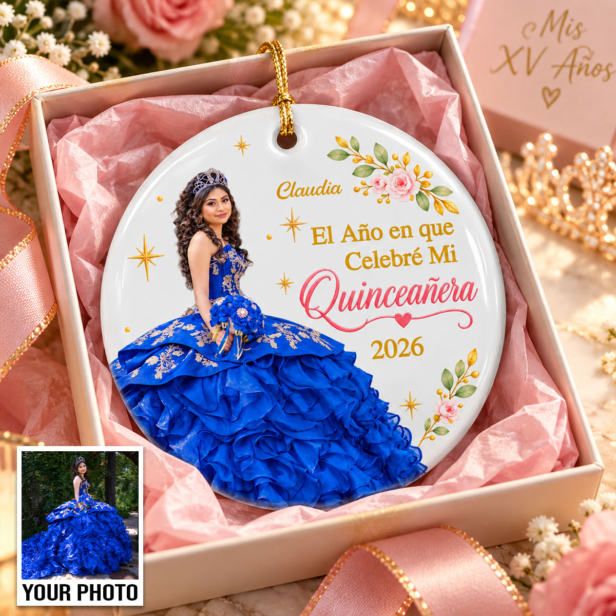 The Year I Celebrated My Quinceañera Custom Photo Upload - Personalized Ceramic Ornament - Hispanic Latina Quinceañera Keepsake
