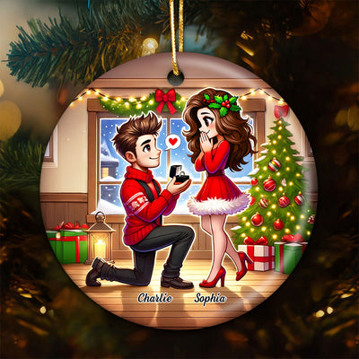 Cartoon Couple Marriage Proposal Personalized Christmas Ceramic Ornament, Custom Just Engaged Gifts for Couples