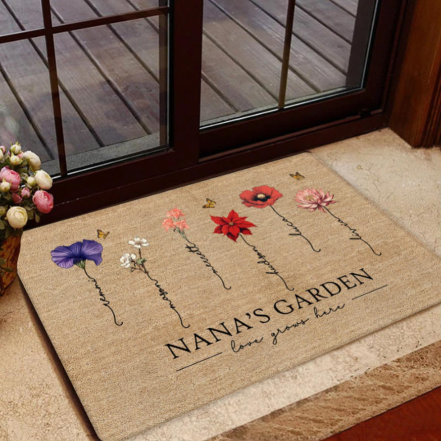 [FREE DELIVERY - Limited time offer] Grandma‘s Garden Love Grows Here Vintage Birth Flowers Swirl Name Personalized Doormat, Gift For Her, Mom, Grandma