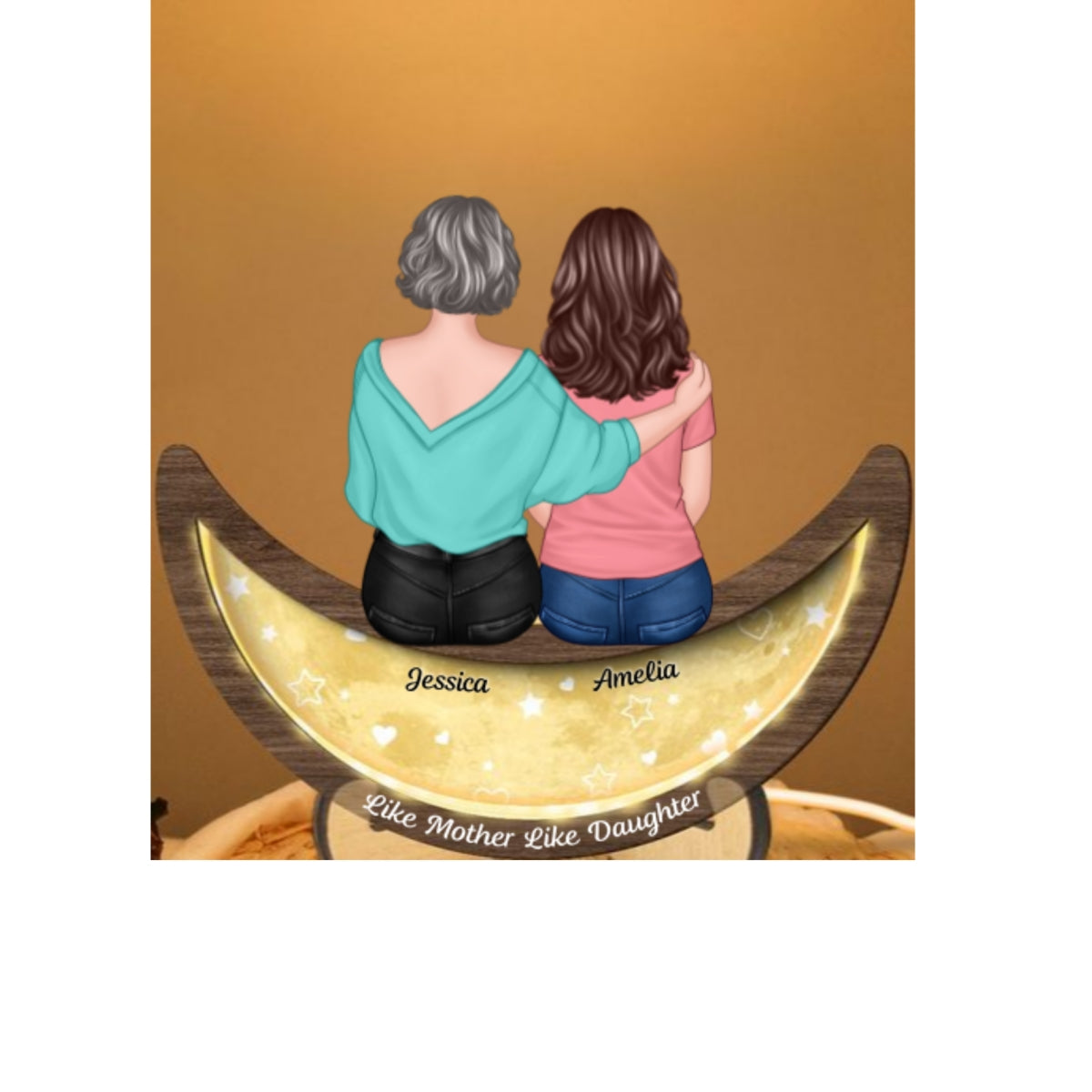 Mother Daughters Sitting On Moon Personalized 2-Layered Wooden Plaque With LED, Mother's Day gift for Mom for Daughters