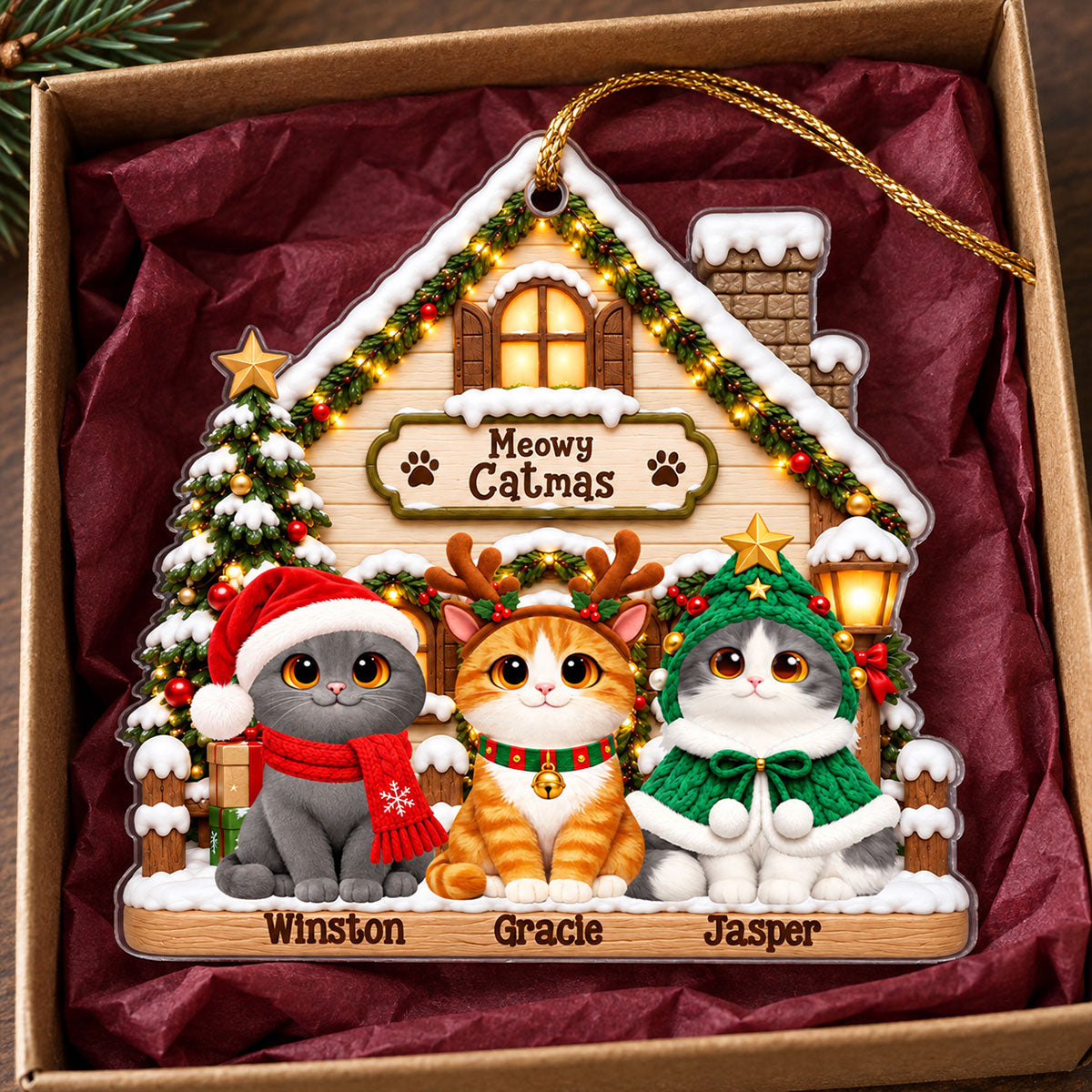 Meowy Catmas Christmas Cat House 2D Flat - Personalized Acrylic Ornament - Christmas Cat Lover Gift
