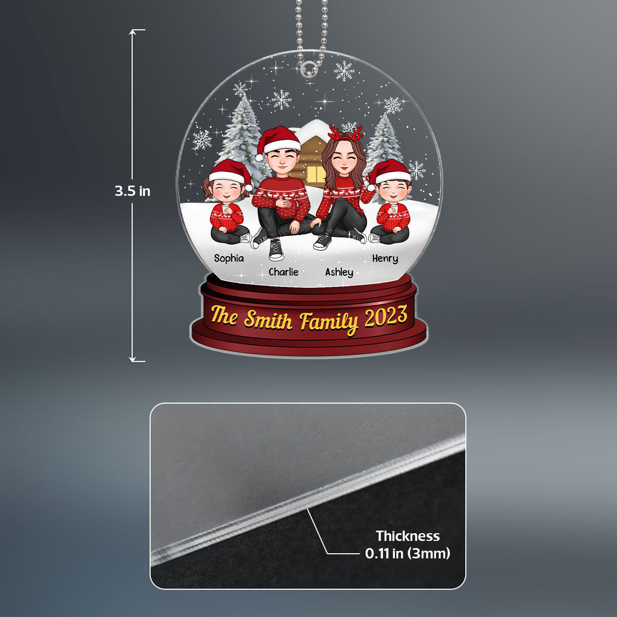 Family Sitting In Snow Globe Christmas Personalized Acrylic Ornament