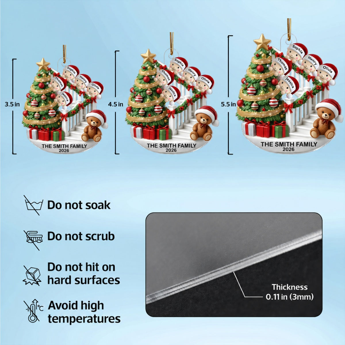 Family Members On Christmas Stairs 3D Effect Personalized Acrylic Flat Ornament
