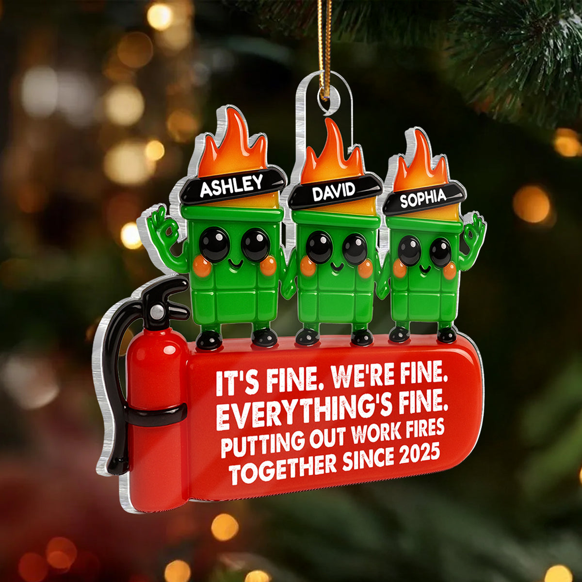 Colleagues Putting Out Work Fire Together 3D Effect - Personalized Acrylic Ornament - Funny Humor Christmas Gift for Coworkers, Colleagues