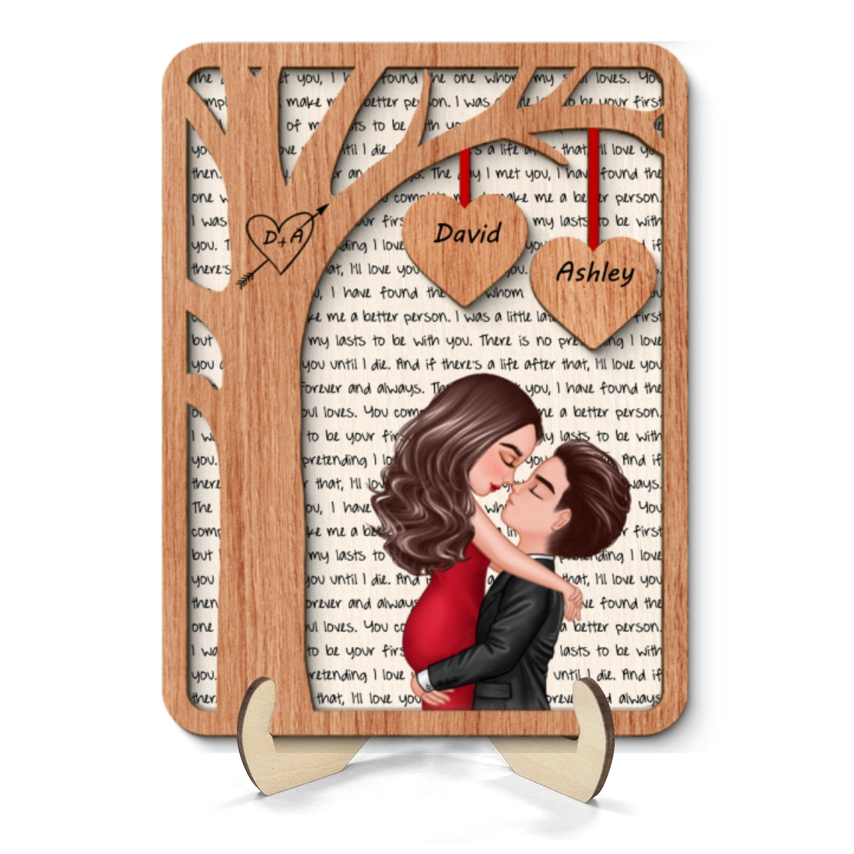 Couple Kissing Hugging Under Tree Letters Background Personalized 2-Layer Wooden Plaque