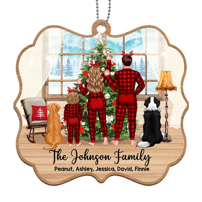 Family Pajamas Decorating Tree Couple Kid Dog Cat Personalized Wooden Ornament