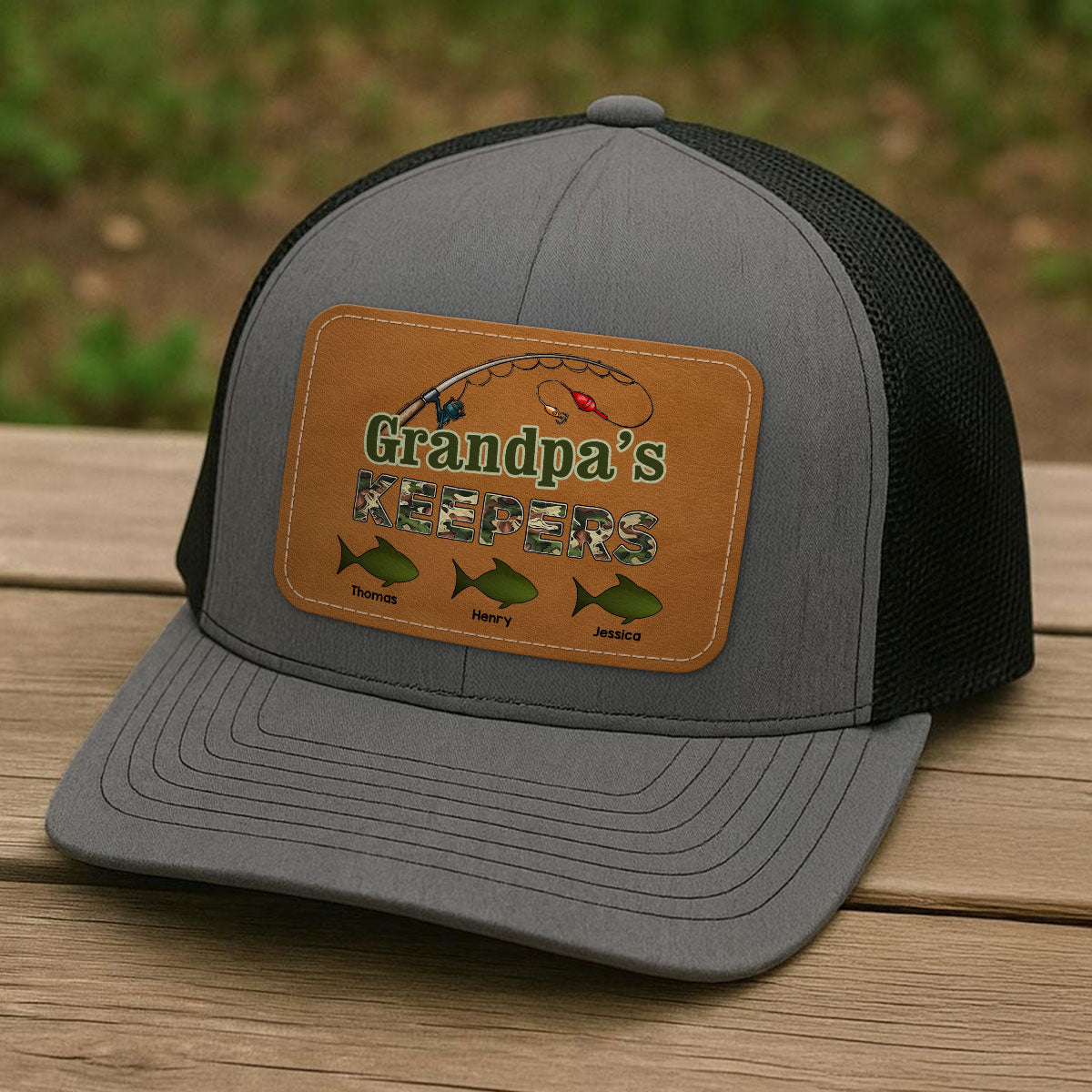Grandpa‘s Keepers Fishing Camouflage Personalized Leather Patch Hat