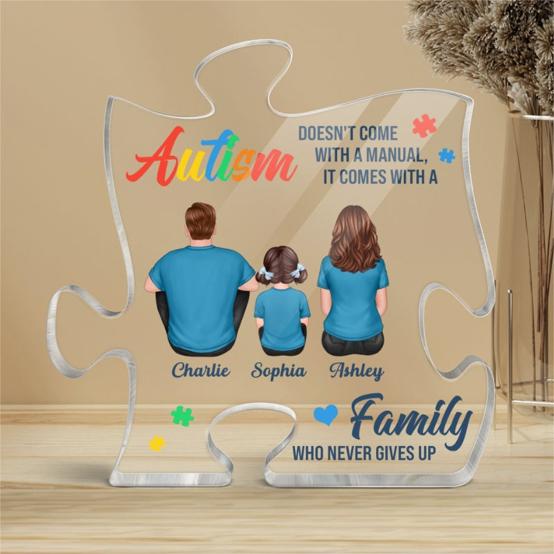 Autism Comes With A Family Never Give Up Family Back View Personalized Puzzle Acrylic Block Plaque
