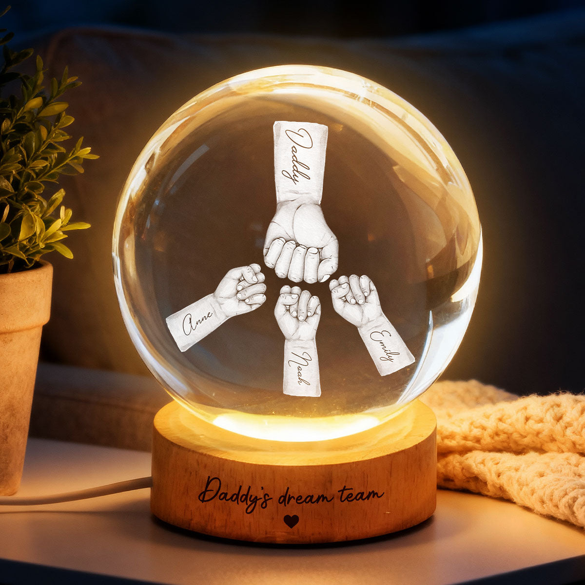Daddy's Dream Team - Personalized Crystal Ball LED Night Light - Father's Day Gift for Dad, Husband