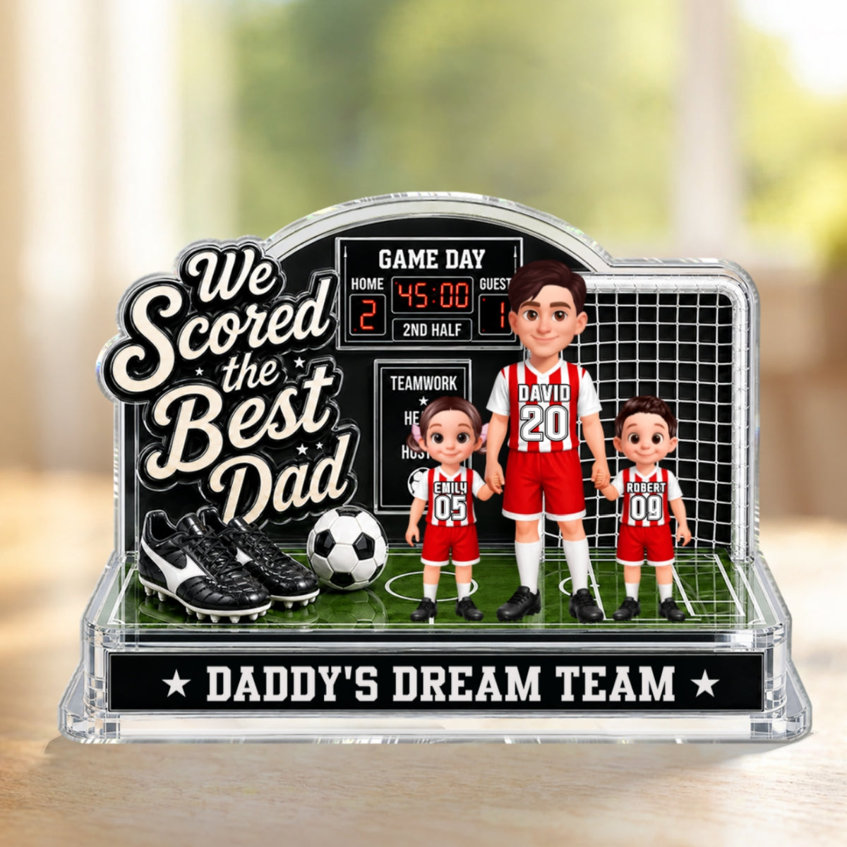Soccer Dad & Kids On Court 2D Flat - Personalized Acrylic Block Plaque - Father's Day Gift For Soccer Dad, UK Football Dad