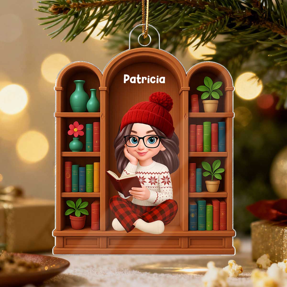 Christmas Cozy Vibe Pretty Girl Reading Book In Arched Bookshelf - Personalized Acrylic Ornament