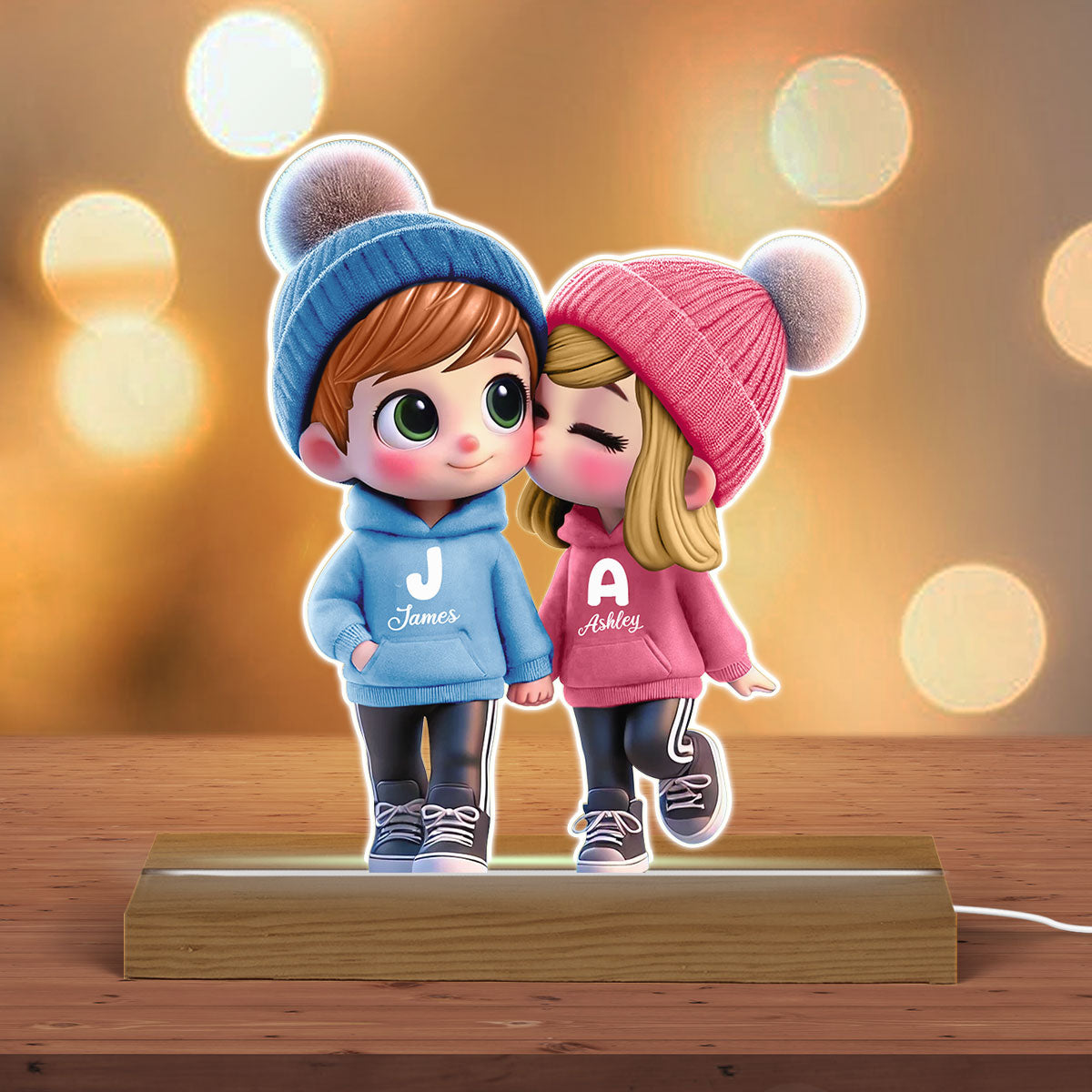 3D Effect Cute Cartoon Couple Walking Personalized Custom Shaped LED Night Light,  Gift for Him, Gift for Her