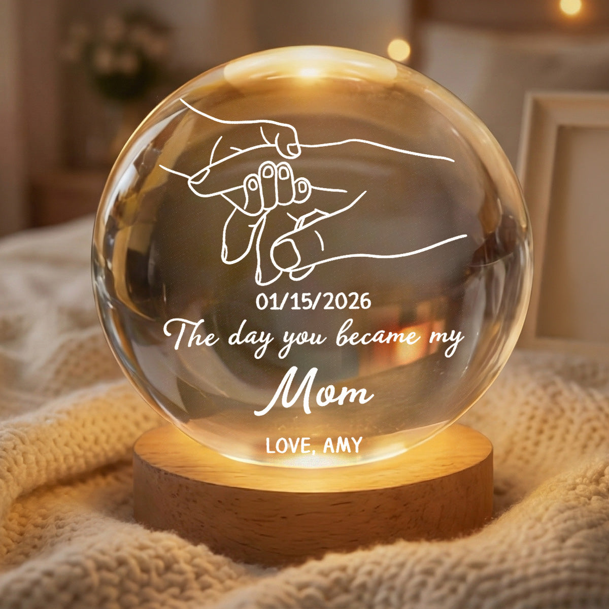 The Day You Became My Mom Mummy Holding Hand First Mother's Day - Personalized Crystal Ball LED Night Light - First Mother's Day Gift For New Mum, New Mom