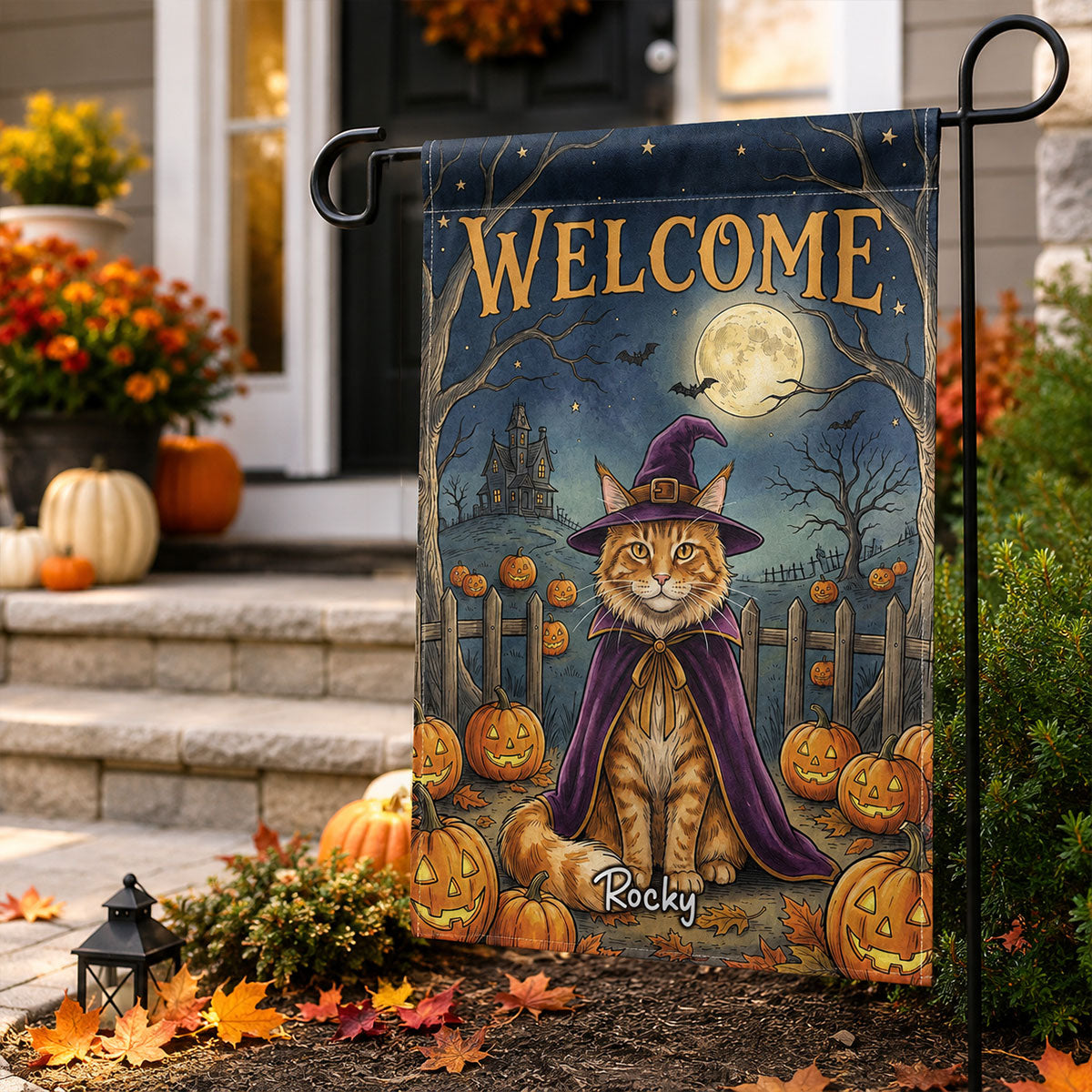 Vintage Dog Cat Halloween Night Photo Upload - Personalized Garden Flag - Halloween Gift For Dog Mom, Cat Mom