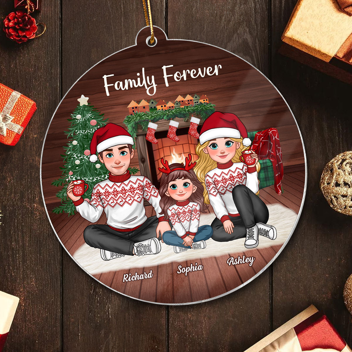 Animated Family Sitting In Cozy House Christmas Personalized Acrylic Ornament