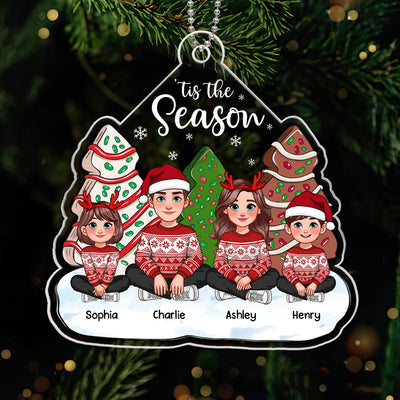 Tis The Season Animated Family Sitting By Christmas Tree Cake Personalized Acrylic Ornament