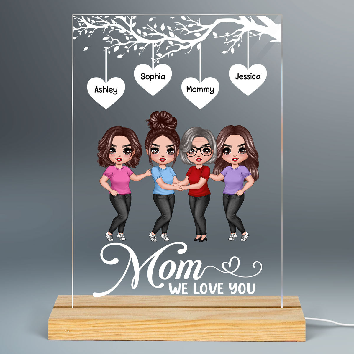 Doll Mother And Daughter Hugging Under Heart Tree Personalized Rectangle Acrylic Plaque LED Night Light