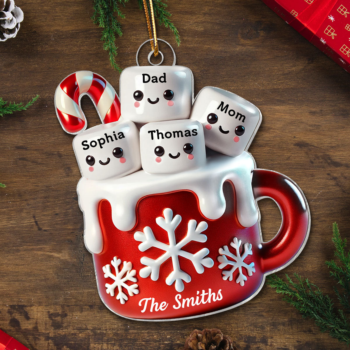3D Effect Marshmallow Hot Cocoa Family Christmas Personalized Acrylic Ornament