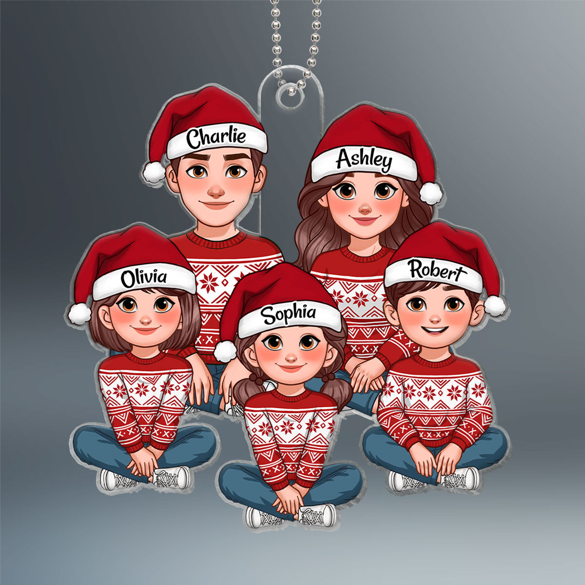 Animated Family Sitting Together Christmas Personalized Acrylic Ornament