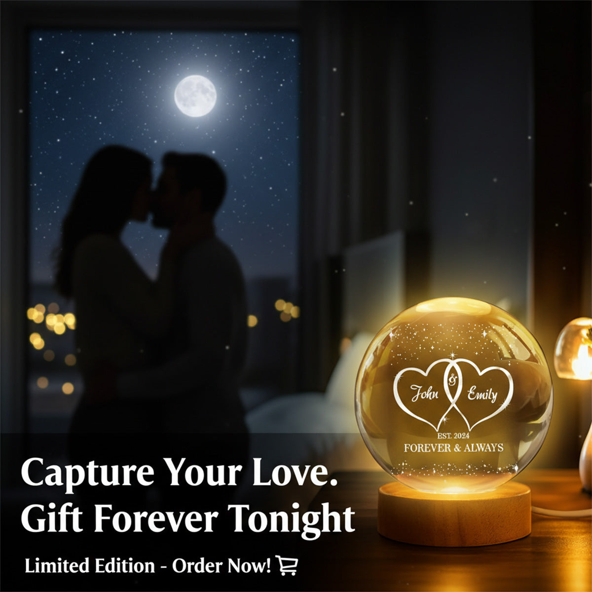 Eternal Love Galaxy Couple Hearts - Personalized Crystal Ball LED Night Light - Valentine's Day Gift For Couple, For Her, For Him