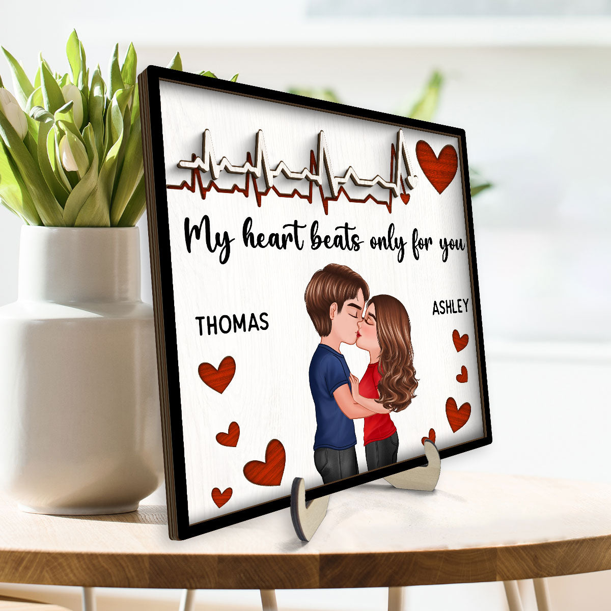 My Heart Beats Only For You Couple Hugging Kissing Valentine‘s Day Gift For Him For Her Personalized 2-Layer Wooden Plaque