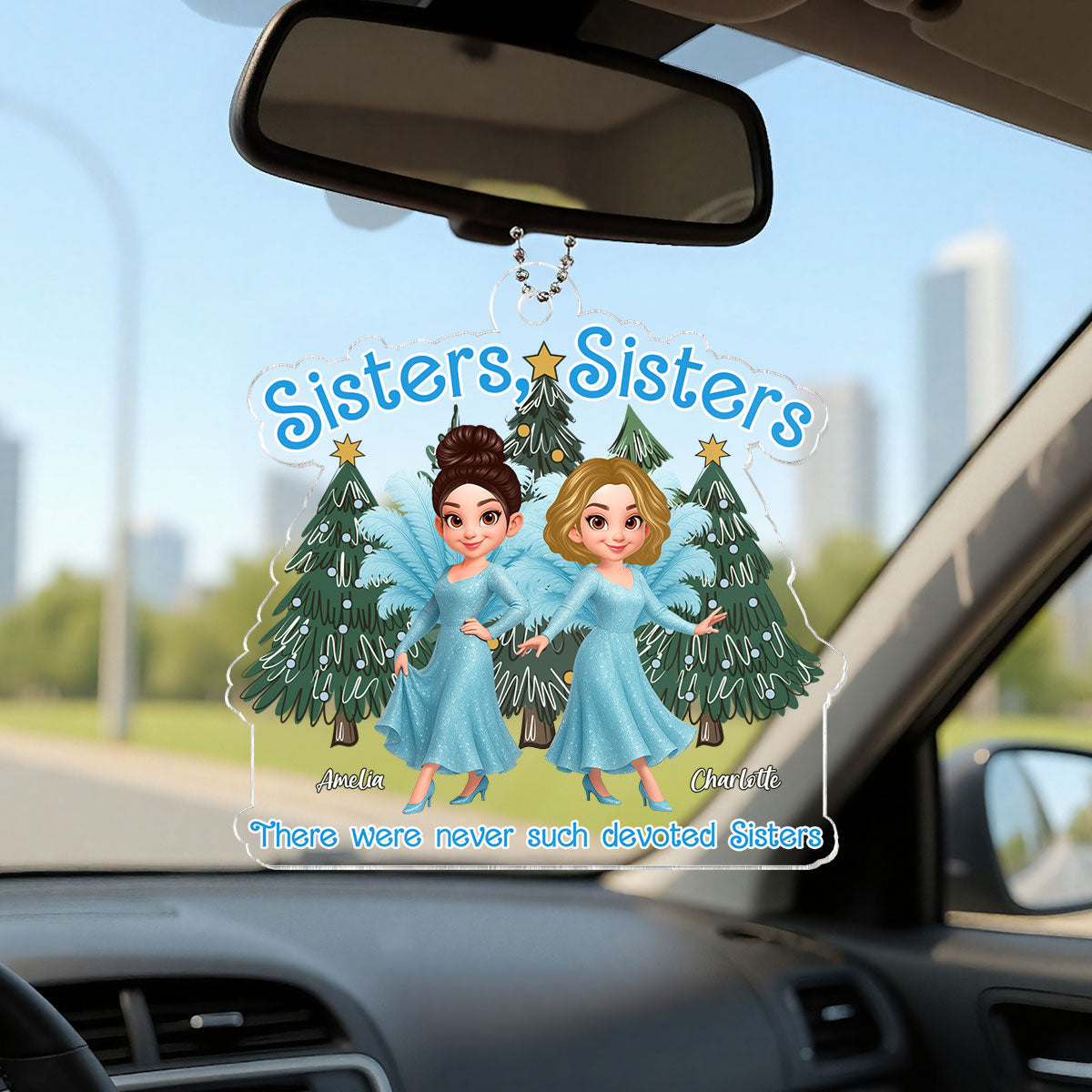 Cute Cartoon Sisters Besties Blue Dress Under Christmas Tree Personalized Acrylic Ornament