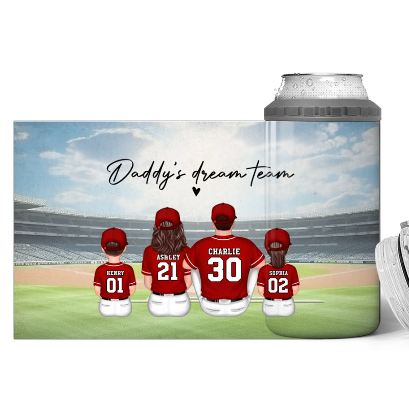 Daddy's Team Baseball Family Sitting Personalized 4 In 1 Can Cooler, Father's Day Gift For Dad, Grandpa, Husband