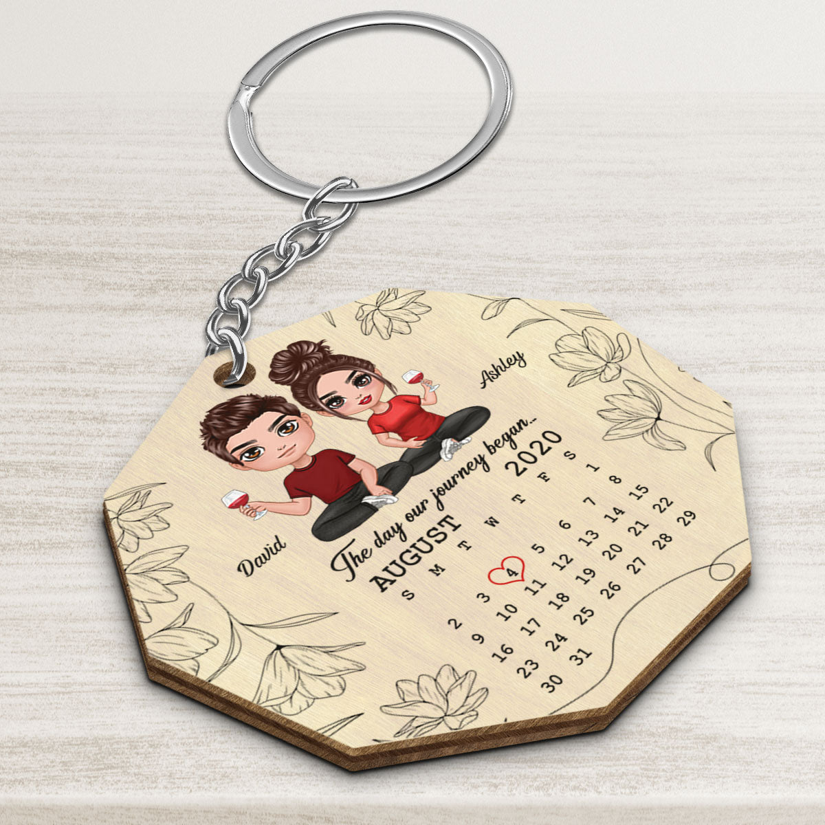 Floral Doll Couple Sitting Calendar Anniversary Date Gift For Him For Her Personalized Wooden Keychain