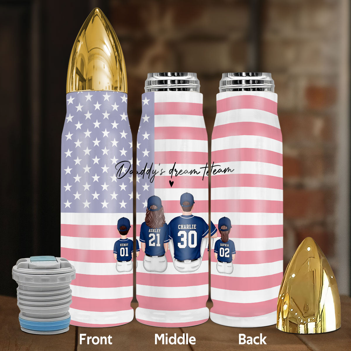 Daddy's Team Baseball Family Sitting Personalized Bullet Tumbler, Father's Day Gift For Dad, Grandpa, Husband