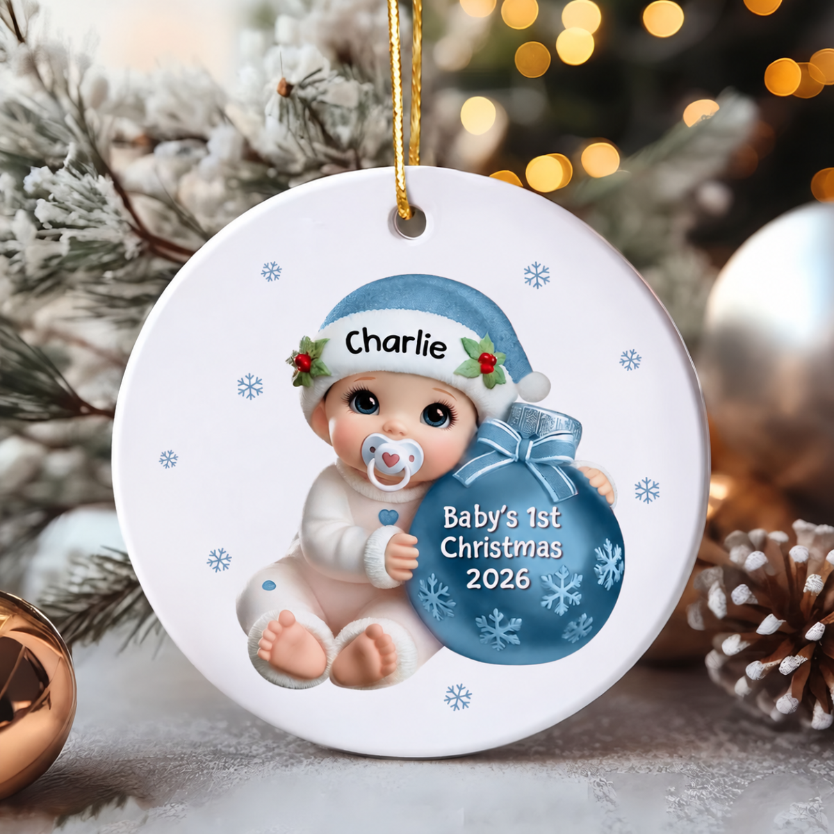 Baby Beside Christmas Bauble Baby's First Christmas Personalized Flat Ceramic Ornament