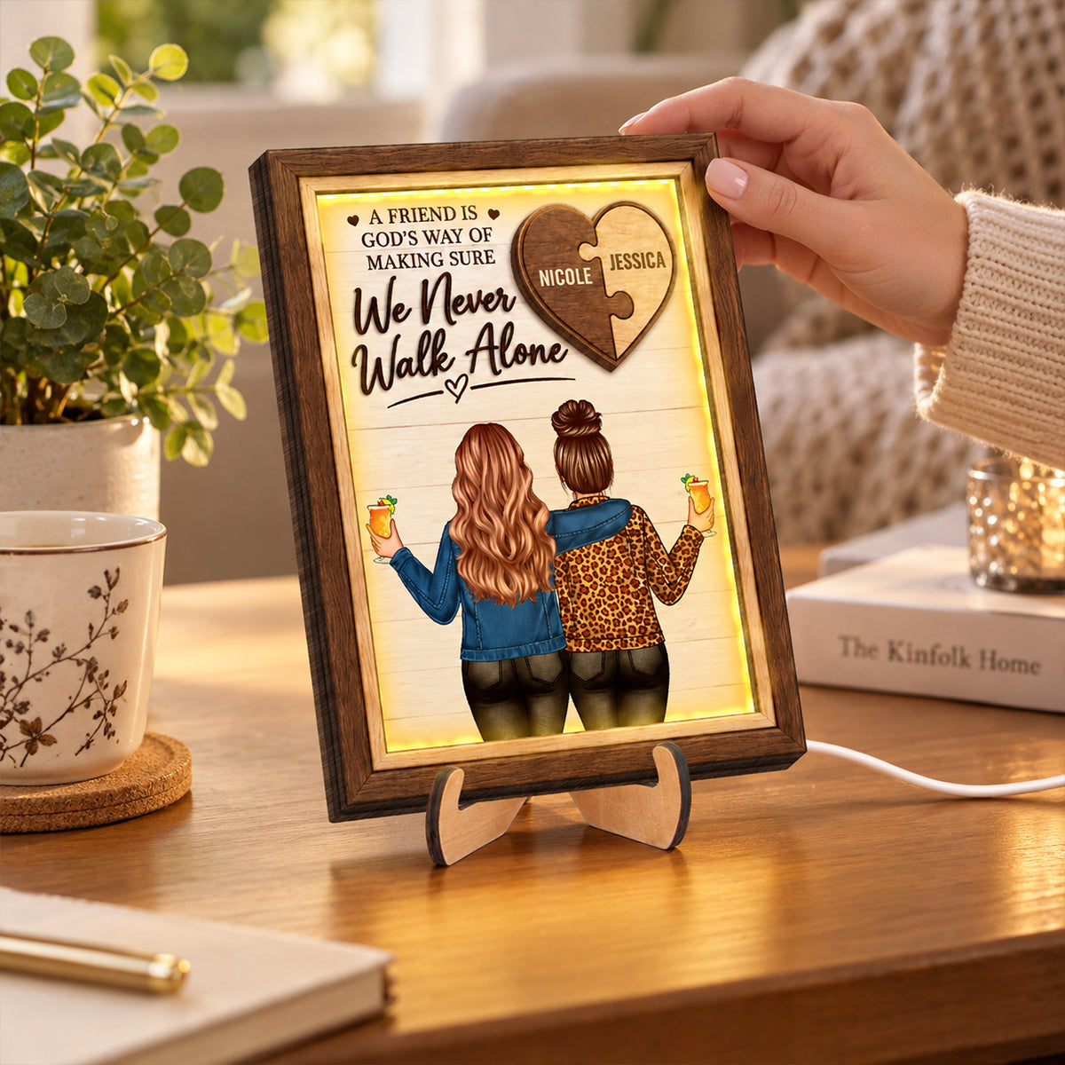We Never Walk Alone - Personalized 2-Layered Wooden Plaque LED Light - Heartfelt Christmas Gift for Best Friends