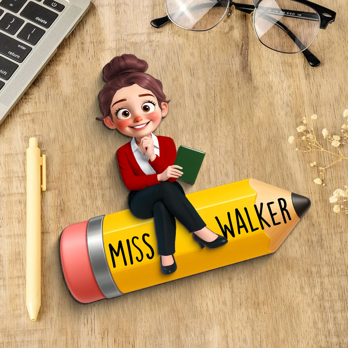 Cute Cartoon Teacher Sitting On Pencil Personalized 2-Layer Wooden Plaque, Gift For Teacher
