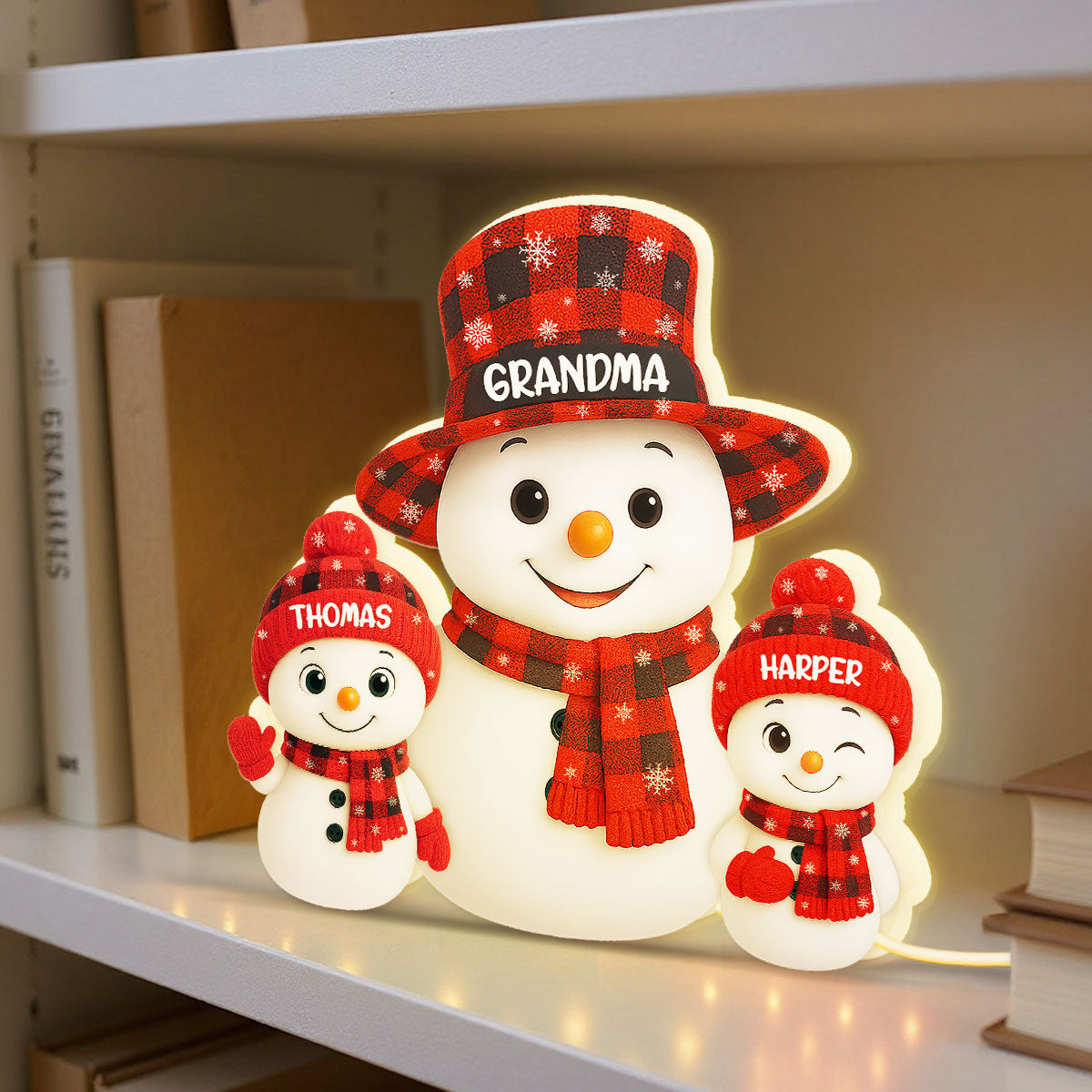 Christmas Checkered Pattern Grandma Grandkids Snowman Together - Personalized Light Box - Gift For Grandmas