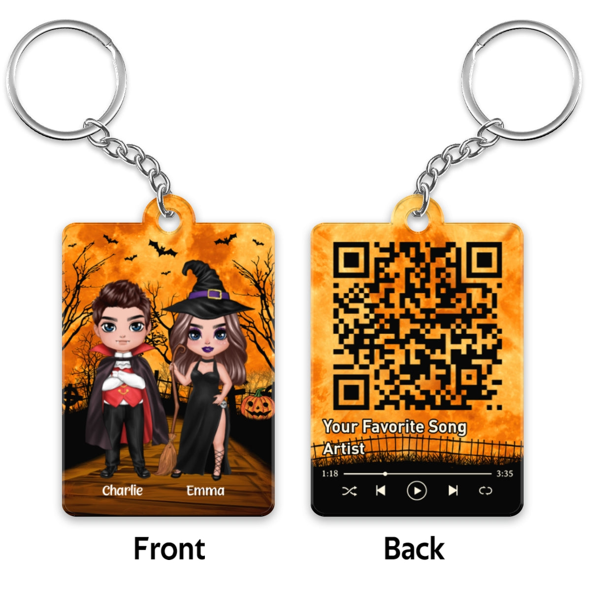 Halloween Doll Couple Standing Favorite Song Scannable QR Code Personalized Acrylic Keychain