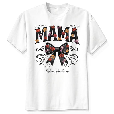 Mama Black Toile Coquette Bow Personalized Shirt, Birth Flower, Trendy Gift for Moms