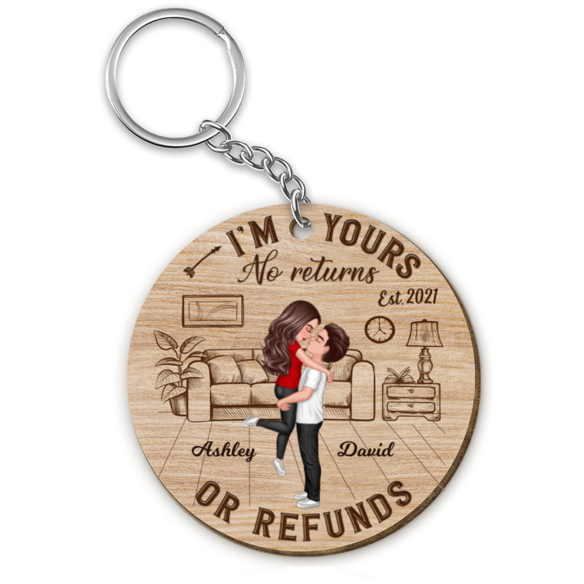 Couple No Returns Refund Personalized Wooden Keychain
