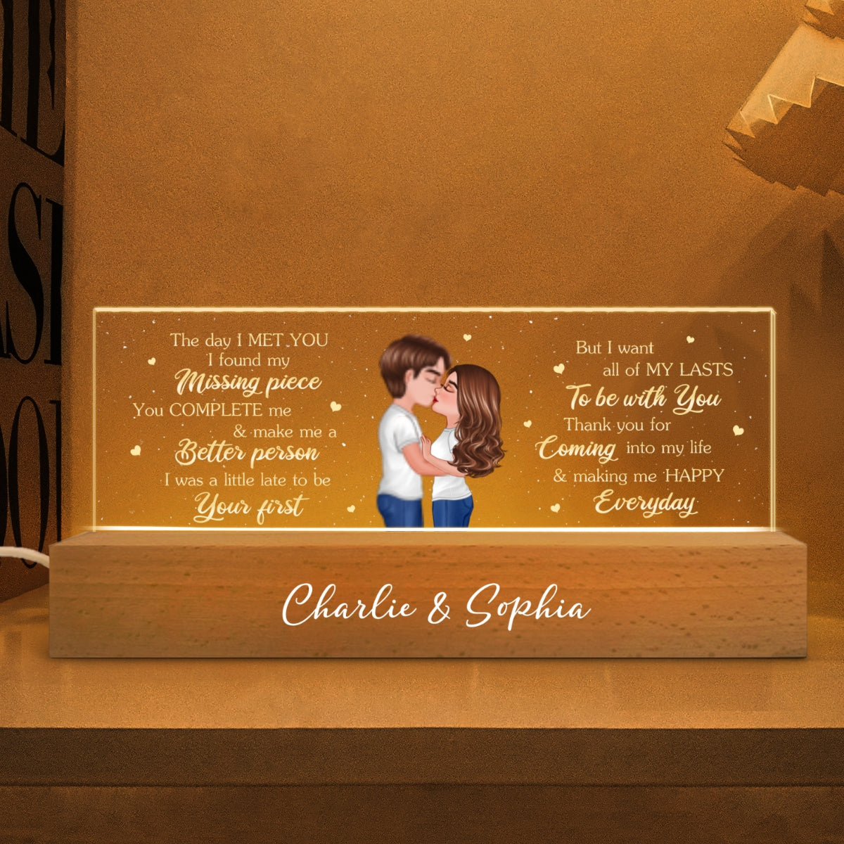 Personalized Acrylic Block LED Night Light, Couple Kissing Romatic Messages,  Gift, Anniversary Gift for Him for Her