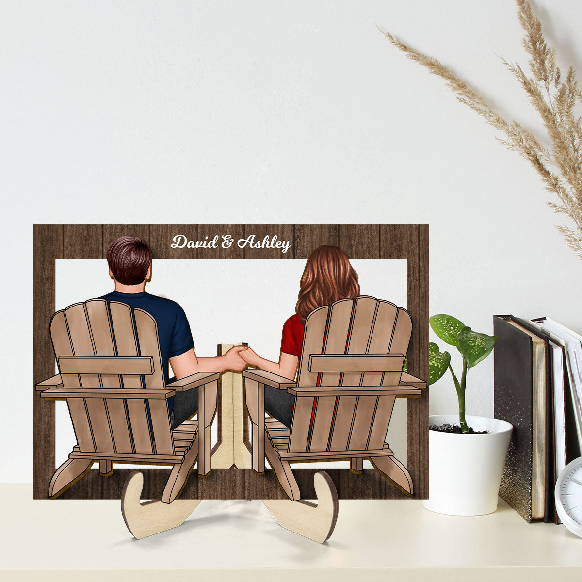 Back View Couple Sitting Beach Frame Personalized 2-Layer Wooden Plaque