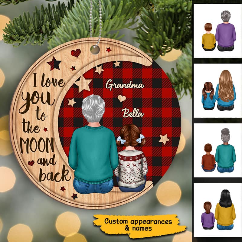Checkered Pattern Grandma Grandkids On Moon Personalized Wooden Ornament