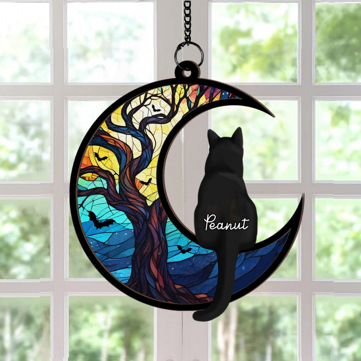 Cats On Moon Personalized Window Hanging Suncatcher, Halloween Decor For Cat Lovers
