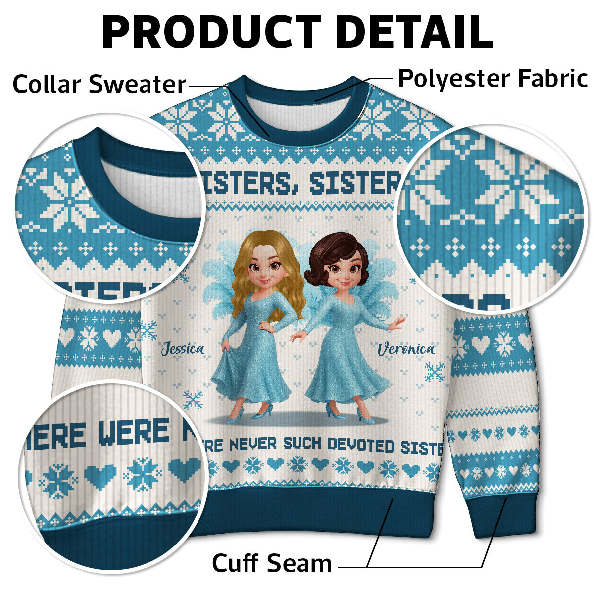 Sisters Sisters Besties in Blue Dresses Personalized Faux Knitting Ugly Sweater, Christmas Matching Costume For Sisters, Best Friends