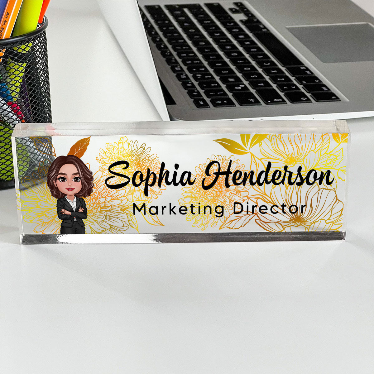 Floral Line Art Woman Man Office Personalized Desk Name Plate| Unique Gift For Colleagues, Boss