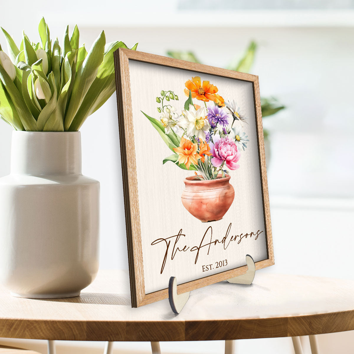 Family Beautiful Birth Flower Bouquet Home Decor Personalized 2-Layer Wooden Plaque