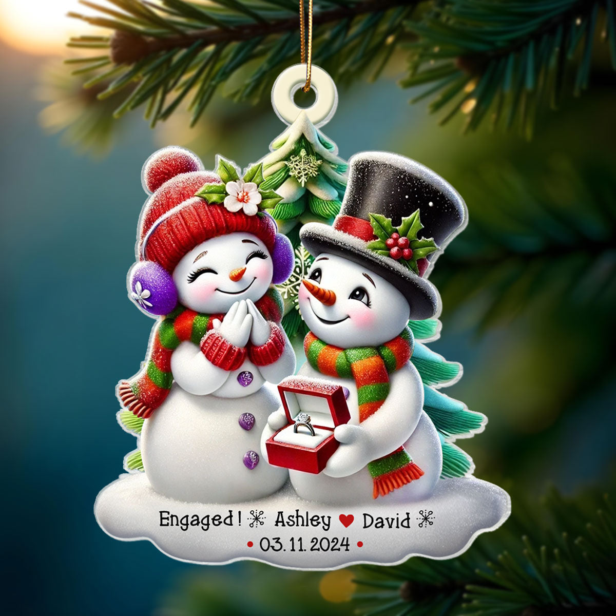 Engagement Snowman Couple Personalized Acrylic Ornament, Christmas Gift For Him, For Her, For The Couple