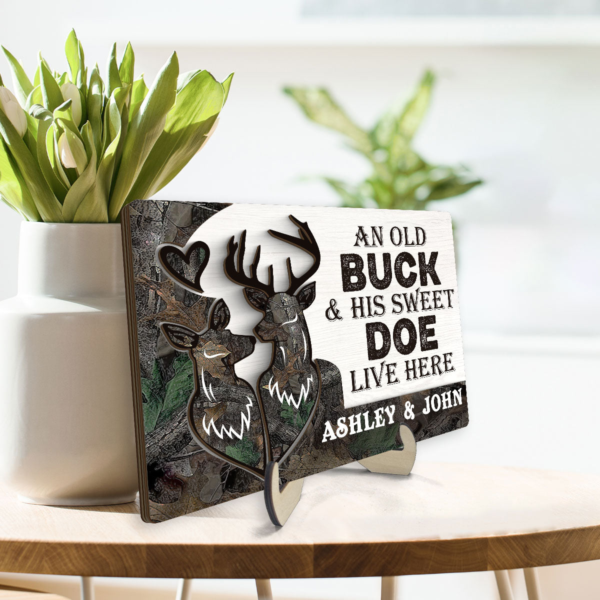 An Old Buck And His Sweet Doe Lives Here Personalized 2-Layer Wooden Plaque